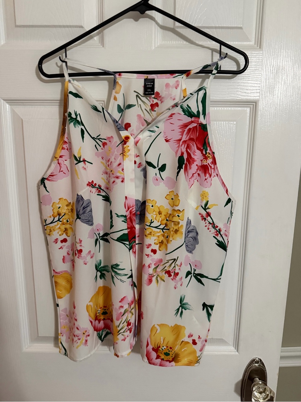 SHEIN White Floral V-Neck Sleeveless top  with Yellow & Pink Blooms, silky, 2XL